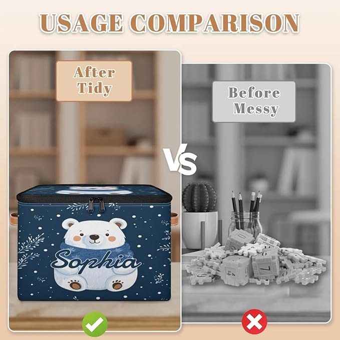 Custom Storage Basket with Name Personalized Storage Bins with Zipper Lid Foldable Fabric Storage Box Large capacity with Handle Snowflake White Bear