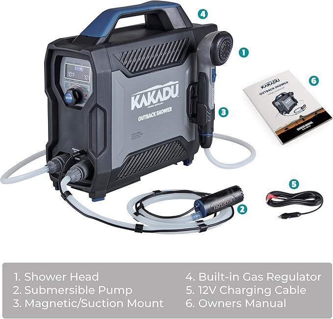 Kakadu Portable Camping Outback Shower Instant Hot Water for Outdoor Use - Slimline Design Rechargeable Lithium Battery Adjustable Shower Head Slim Pump Digital Display