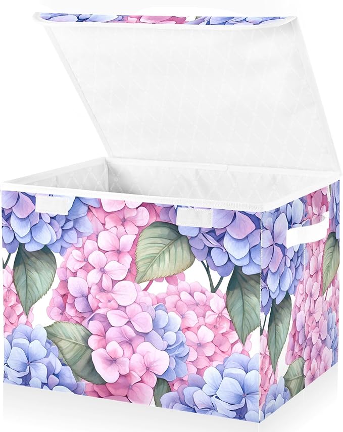 ALAZA Hydrangea Flowers Storage Bins Organizer Box Baskets Lidded Clothes for Shelves Closet Collapsible Stackable Storage Cubes Handles