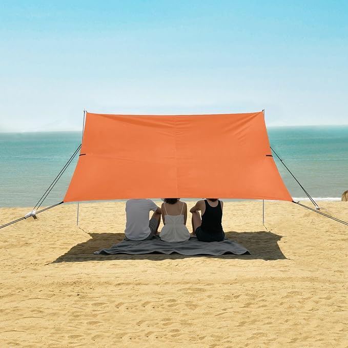 xigua Orange Beach Tent Sun Shelter with Carrying Bag - Silver Coated Oxford Fabric Beach Canopy for Beach Camping Fishing - Includes Windproof Ropes Sandbags &amp Stakes