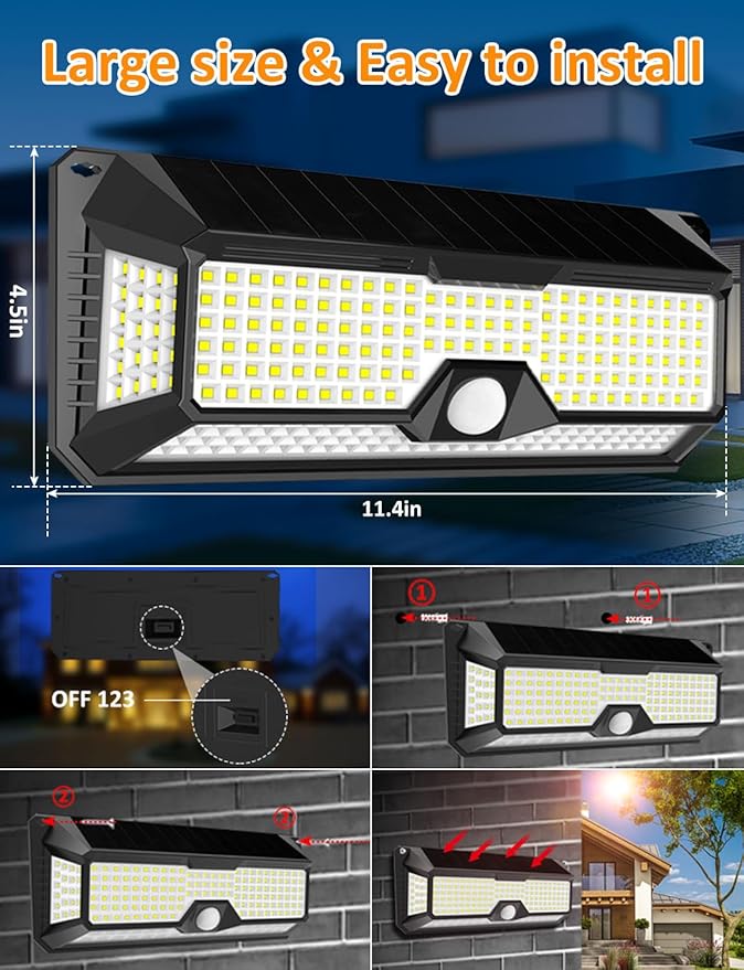 Solar Outdoor Lights - 4000Lm 268 LED Motion Sensor Lights Outdoor IP65 Waterproof Led Security Lights Bright Solar Wireless Flood Wall Lights with 3 Optional Modes and 4 Wide Angle (2 Pack)