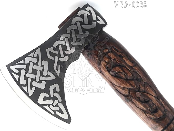 SHINY CRAFTS® Handcrafted Viking Axe – Nordic Engraved Blade with Wooden Handle Unique Gift for Men Collectors and Fantasy Enthusiasts (SCA-28)