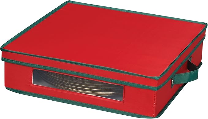 Household Essentials Holiday Charger Plate Storage Box Holds 12 Charger Plates with Felt Protectors Red Canvas with Green Trim