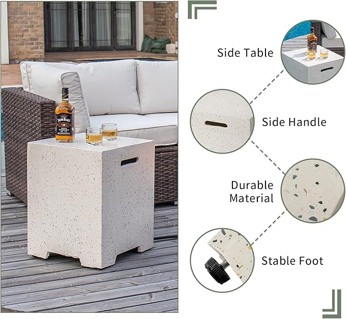 COSIEST 2-Piece Outdoor Propane Fire Pit Table Set w Tank Table 42-inch Terrazzo Rectangle Fire Table (50000 BTU) w 16 inches Tank Cover Side Table 20lb Wind Guard Black Fire Glass Rain Cover
