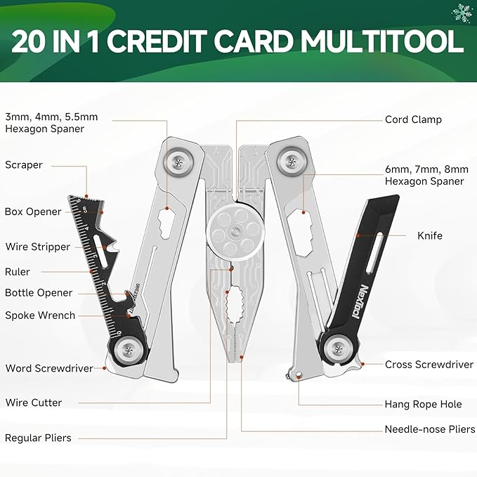 NexTool Folding Credit Card Multitool Wallet Multi Tool 20 in 1 Stainless Steel Wallet Tool Card with Pliers Knife Bottle OpenerHexagon Spanner Compact Lightweight EDC ToolsGifts for Men Unique