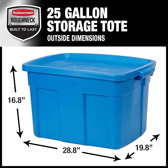 Rubbermaid Roughneck Tote 25 Gal 4 Pack Made in USA Heritage Blue Rugged Plastic Stackable Storage Bins with Lids and Handles