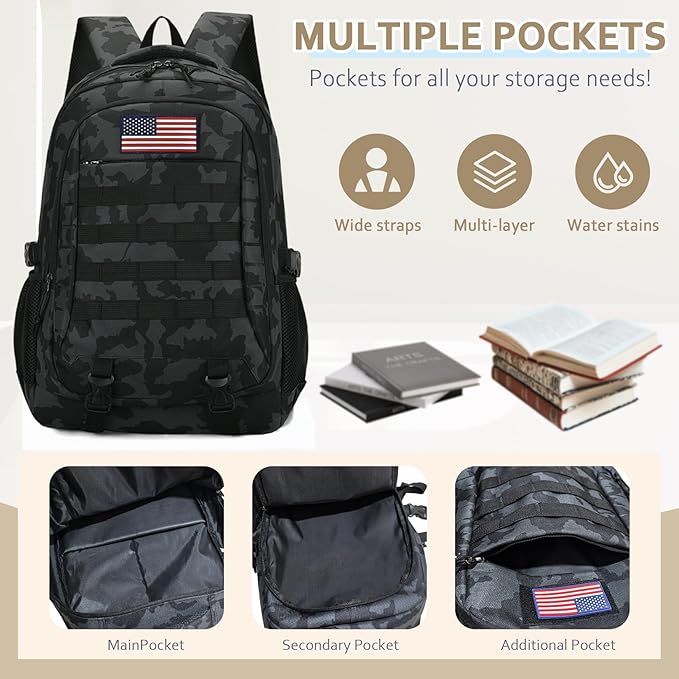 Camo Backpack for Boys 3 in 1 Set 19 Inch 55L Tactical Bookbag with Lunch Box Pencil Case Molle School Backpack for Kids Teens Daily School Commute Outdoor Camping for Elementary Middle High School