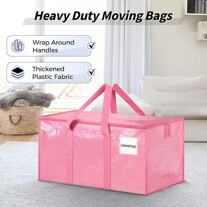 16 Pack Extra Large Heavy Duty Moving Bags Pink Storage Bins with Lids Reinforced Handles &amp Heavy-Duty Zippers Moving Boxes Storage Bags Totes for Clothes Packing Dorms College Supplies Pink