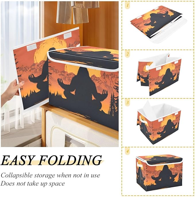 Storage Cube with Lid Meditating Sasquatch Print 16.5×12.6×11.8 IN Collapsible Large Capacity Foldable Storage Basket Bin Organizer