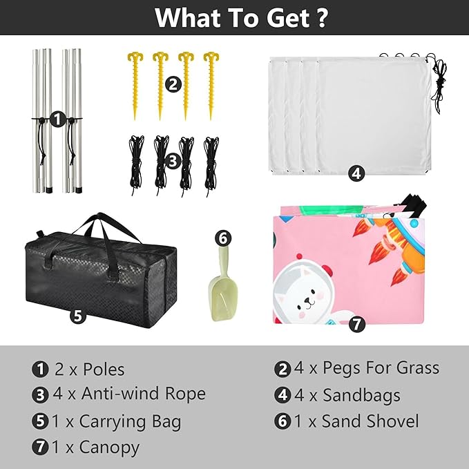 Astronaut Cats Beach Canopy Sun Shelter with Sandbags &amp Sand Shovel &amp Windproof Ropes - Portable 110x126 Beach Shade Beach Tent for Camping Picnics