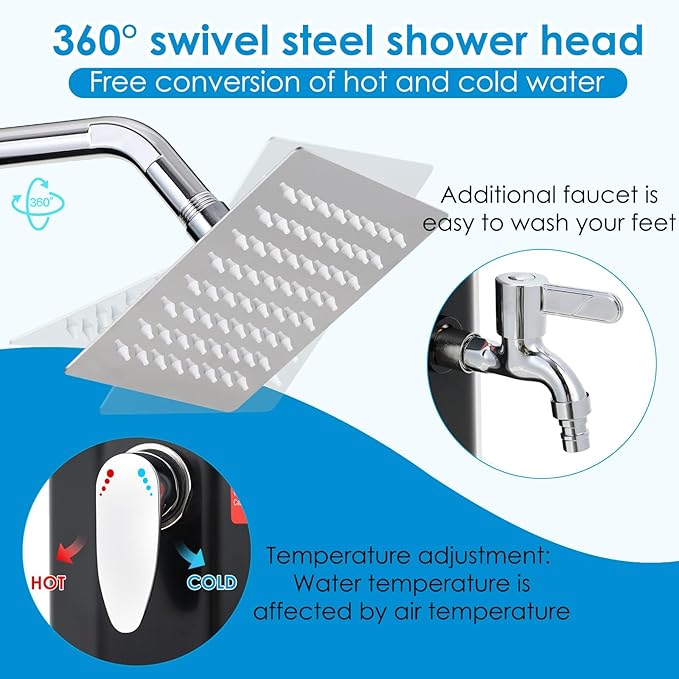 TLSUNNY 16 Gallon Solar Heated Shower W/ 360° Rotating Shower Head &amp Faucet Freestanding Outdoor Shower W/ 210D Protective Cover Water Temperature Adjustment for Pool Garden Beach Spa Backy