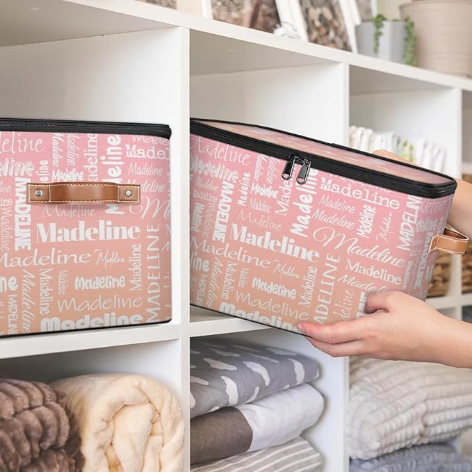 Custom Storage Basket with Name Personalized Keepsake Box with Zipper Lid Foldable Fabric Memory Bin Large capacity with Handle Pink Orange