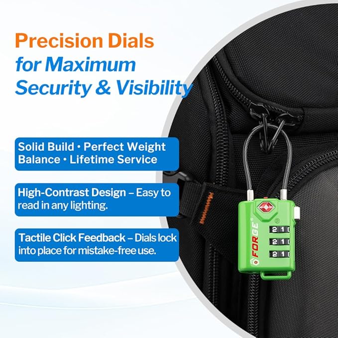 TSA Approved Cable Luggage Locks Re-settable Combination with Alloy Body (Green 4 Locks)