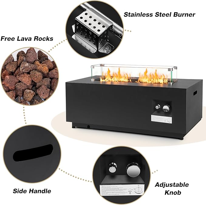 42'' Outdoor Propane Fire Pit Table 50000 BTU Rectanle Natural Gas Fire Pits with Tank Cover Wind Guard No Assembly Low Profile Fire Table for Outside Patio &amp Backyard Black