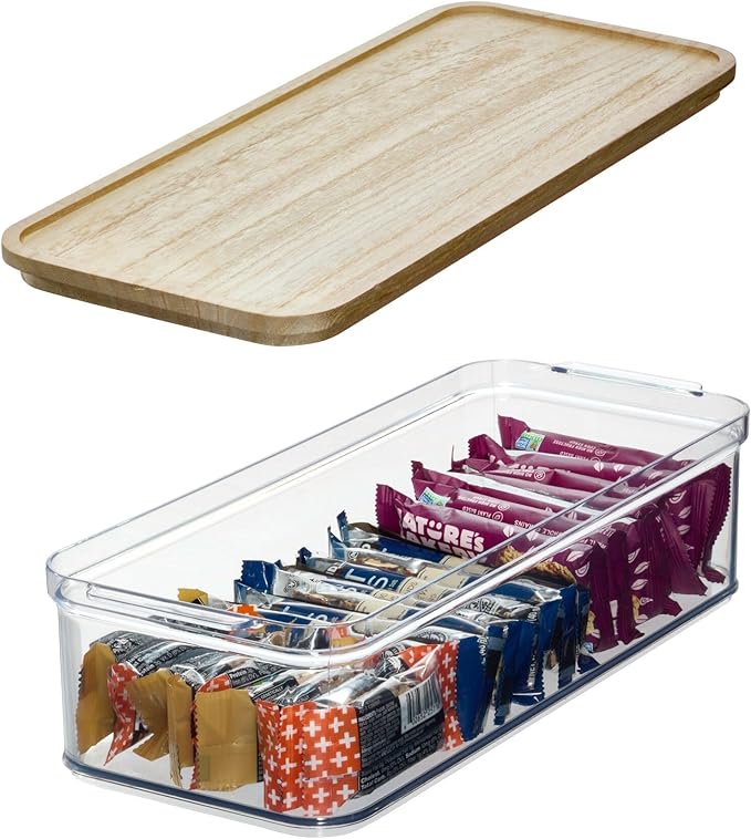 iDesign Recycled Plastic Crisp Storage Bin with Lid The Rosanna Pansino Collection – 15.74” L x 6.61” W x 4.13” H Clear Bin with Natural Wood Lid