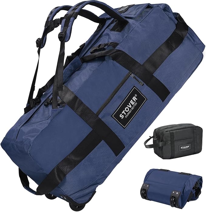 STOVER 45/80/100L Rolling Duffel Bag with Wheels Large Durable Travel Duffle + Toiletry Bag Heavy Duty Packable Foldable with Shoulder Straps- Use as Luggage or Backpack Men/Women (Blue)