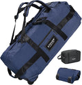STOVER 45/80/100L Rolling Duffel Bag with Wheels Large Durable Travel Duffle + Toiletry Bag Heavy Duty Packable Foldable with Shoulder Straps- Use as Luggage or Backpack Men/Women (Blue)