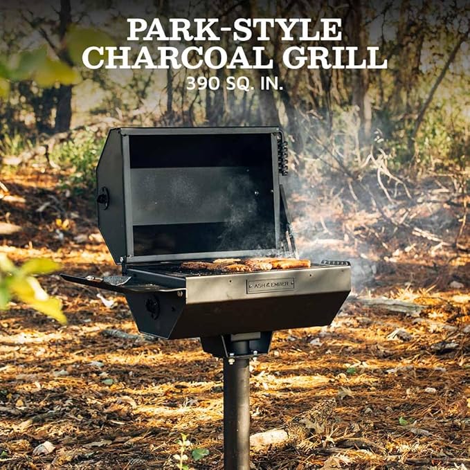 Ash &amp Ember Park-Style Grill &amp Smoker 390 Sq. In Charcoal Grill with Cover Side Shelf for BBQ Cooking Prep &amp Accessories Single Post Barbeque Grill Outdoor Grills &amp Smokers