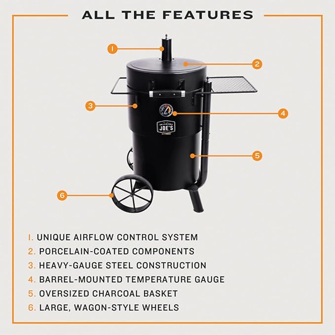 Char-Broil Oklahoma Joes Bronco Barrel Drum Smoker with Porcelain Coated Steel Air Intake Channel and 630 Square Inches Cooking Surface Black