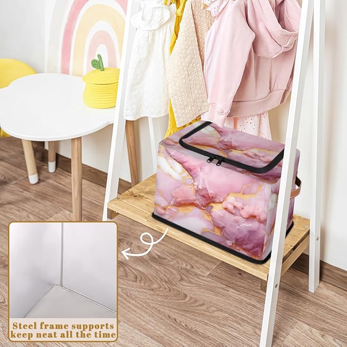 Pink Marble Storage Bins with Zipper Lid Gold Marble Fabric Lidded Storage Baskets Cubes with Handles Decorative Foldable Shelf Closet Organizer Container