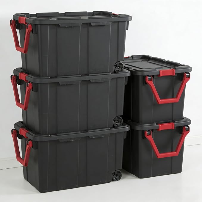 2-Pack 40 Gallon Heavy-Duty Stackable Storage Bins with Secure Lids &amp Smooth-Rolling Wheels – Organizing Containers for Home Garage Office &amp Basement (Black)