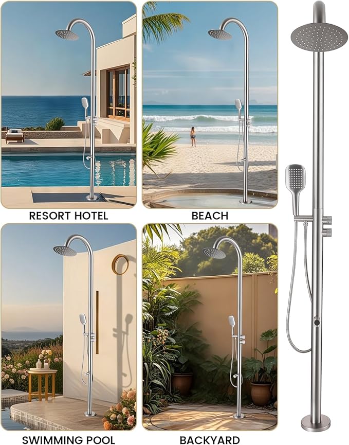 316 Marine Grade Stainless Steel Free Standing Outdoor Shower with Foot Wash 3-Function Nickel Shower Kit with 10''Rain Shower HeadOutdoor Shower Fixture for Backyard Beach Poolside