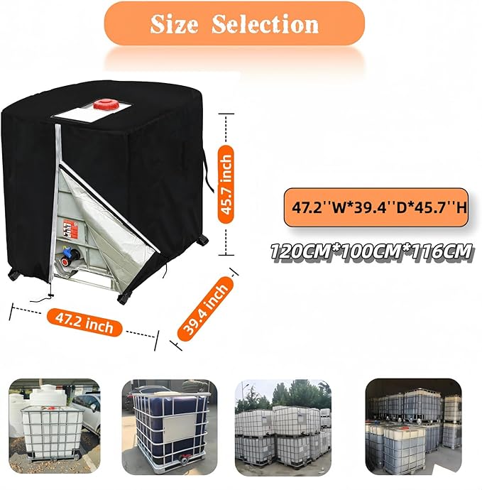 IBC Tote Cover 275 Gallon 1000L Water Tank Cover Side Windproof Hook and Loop Fastener 420D Tear-resistant Oxford Cloth with Reflective Zipper Design (Black)