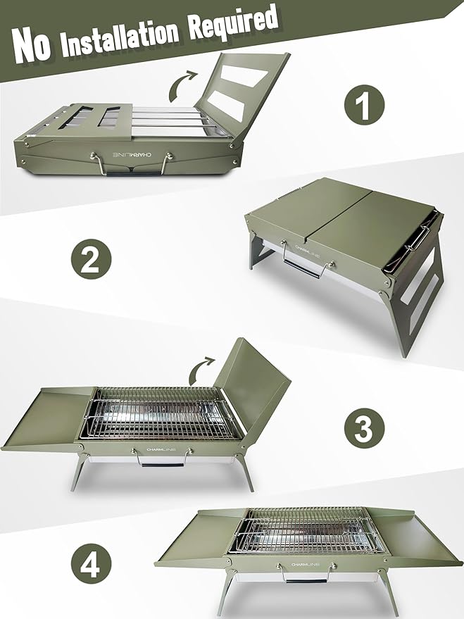 Charmline 20 x 14 inches Large Foldable Portable Charcoal BBQ Grill Camping BBQ Grill for 3–5 People Ideal for Camping Garden Beach Picnic &amp Tabletop Use Green