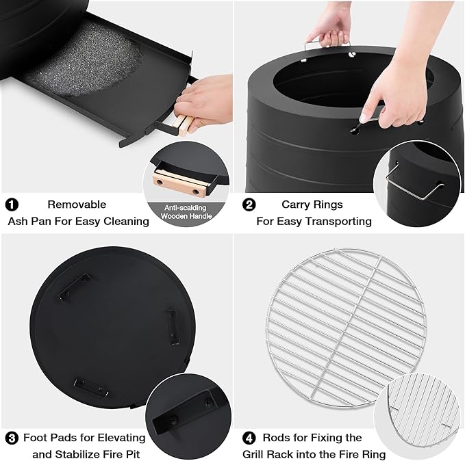 HOMREST 20” Smokeless Firepit with Removable Ash Pan 304 Stainless Steel Outdoor Fire Pit for Outside Wood Burning Portable Fire Pit for Patio Camping Backyard