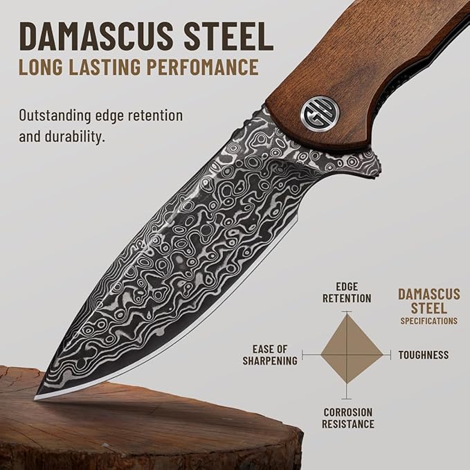 GOOD WORKER Folding Pocket Knife – Damascus Blade Guibourtia Wood Handle – Elegant Gift-Ready EDC Knife with Deep Carry Clip Legal in All States - Gifts for Men - 6700 D