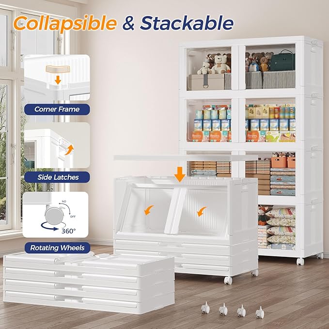 150Gal/600QT 3-Tier Stackable Collapsible Storage Bins Extra Large Closet Organizers with Lid &amp Wheels &amp Doors Foldable Plastic Cabinet Container for Clothes Snack Craft Organizing White