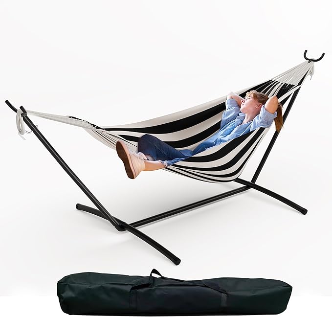 Double Cotton Hammock with Steel Stand for Outside Brazilian Style 450lbs Capacity Portable Indoor Outdoor Lounger with Carry Bag 2-Person Capacity Ideal for Backyard Garden Camping Black