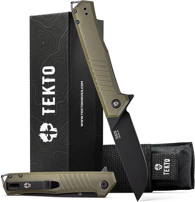 F1 Alpha Folding Pocket Knife - Modified Straight Back Blade Titanium Coated D2 Steel Ideal for Outdoor Camping and Backpacking Tactical G10 OD Green Handle Black Titanium Accents