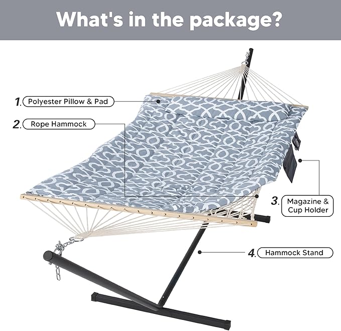 SUNCREAT Outdoor Double Hammock with Stand Two Person Cotton Rope Hammock with Polyester Pad Circle Pattern