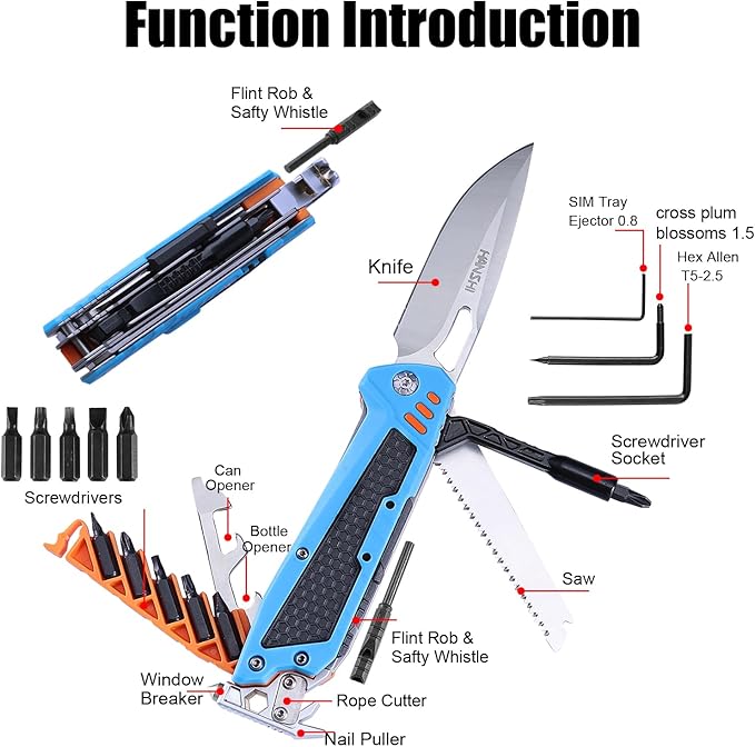 HANSHI 13 in 1 Multitool Knife with Nylon Sheath for CampingHikingSurvivalOutdoor Multi Tool Pocket Knife with Window BreakerBirthday Christmas Valentine's Day Gift for Dad Mens Boyfriend(Blue)