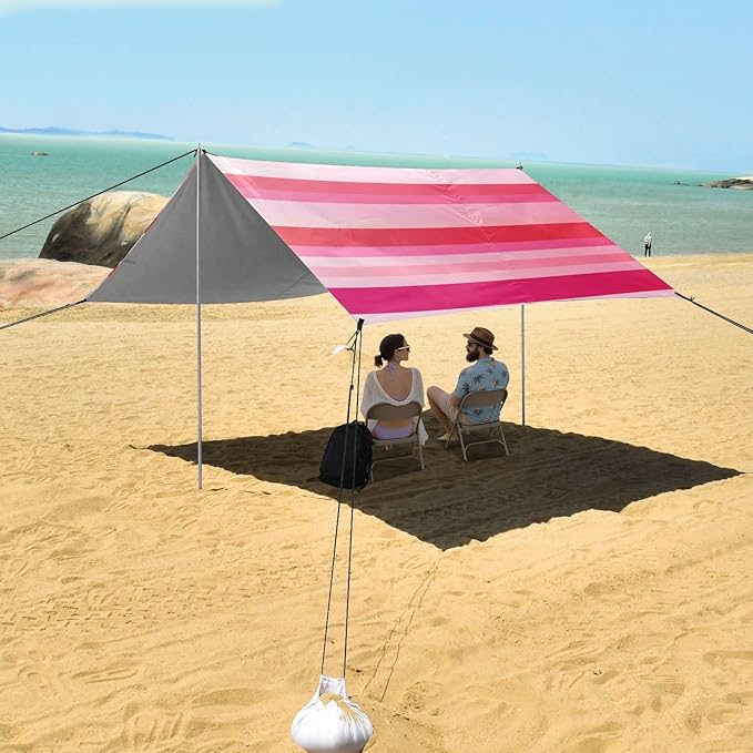 ALAZA Pink Red Striped Beach Tent Sun Shelter Portable Canopy Sunshade for Outdoor Camping Picnics Backyard Fun 10x9 ft
