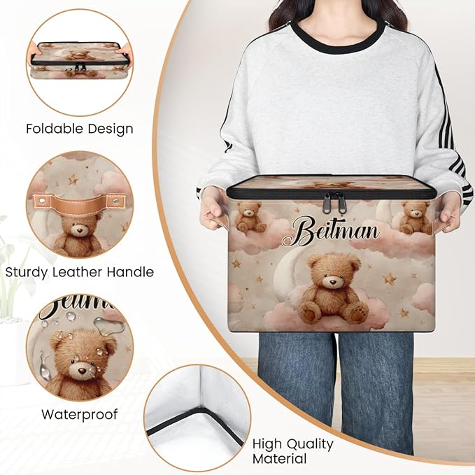 Storage-Bins with Lids Personalized Closet-Storage-Bins Under-Bed Stackable-Cubes-Box for Home Bedroom Bear Pink