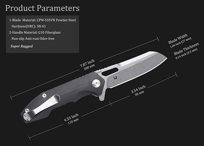 Camping Folding Knife - S35VN Powder Steel G10 Handle Comfortable Grip - Great for Cutting Hunting Hiking Survival Father’s Day Gifts for Men Husband Dad. Include Sheath &amp Screwdriver