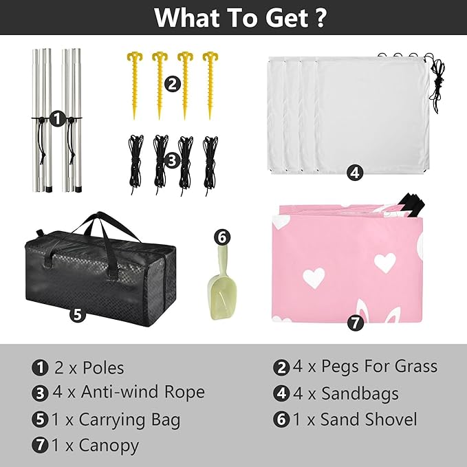 Rabbit Beach Canopy Sun Shelter with Sandbags &amp Sand Shovel &amp Windproof Ropes - Portable 110x126 Beach Shade Beach Tent for Camping Picnics