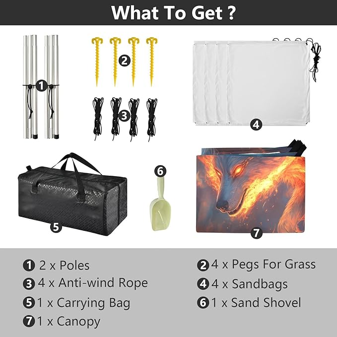 ALAZA Flame Wolf Beach Tent Sun Shelter UPF50+ Protection Beach Shade Canopy w/ 4 Sandbags for Outdoor Camping Fishing Backyard Fun Picnic 10x9 ft