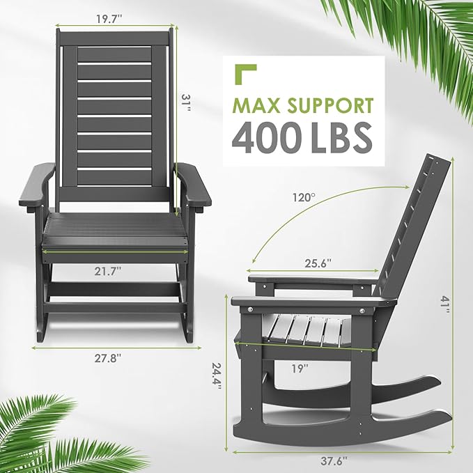 GREENVINES Outdoor Rocking Chairs | Set of 4 | Porch Rocker | HDPE Plastic | Grey | Oversized Rockers | High Back | Big &amp Tall | Ladder Back | for Patio Outside Backyard Balcony Garden