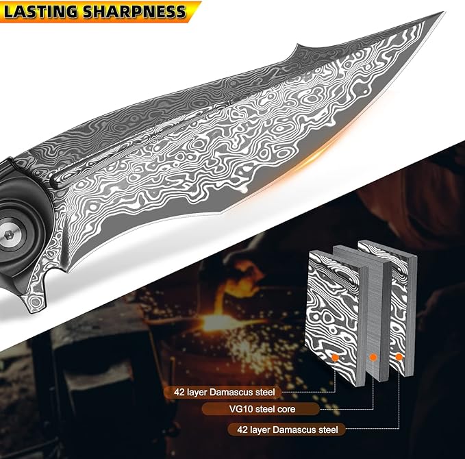 handmade Folding Pocket KnifeJapanese Damascus steel 3.9in blade Men's folding knifewith Pocket Clip Leather Sheathliner lock Carbon Fiber Handlefit EDC Outdoor camping Survivalgift