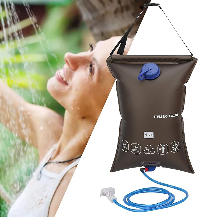Outdoor Foldable Shower Bag Portable 15L with Shower Nozzle for Camping Beach Swimming