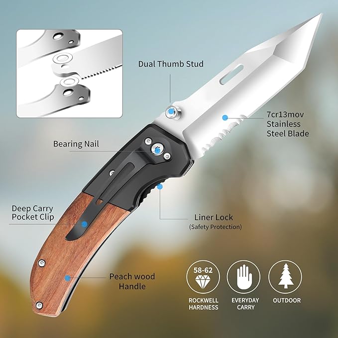 Vickay Pocket Knife Folding Knife with Clip - 3.54″ Tanto Serrated Blade Wood Handle EDC Knife for Men &amp Women Outdoor Camping Tactical Hiking Survival - Father’s Day Gift (Satin Silver)