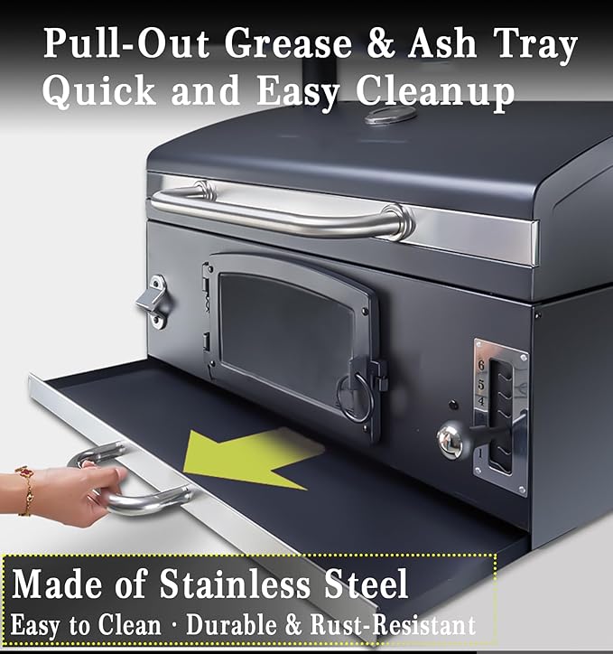 Large Built-in Barbecue Grills Charcoal BBQ Grills with Liftable Tray Insulated Hood &amp Temp Gauge Black Stainless Steel Charcoal BBQ Barrel Grill for Outdoor Kitchen Camping Park Style