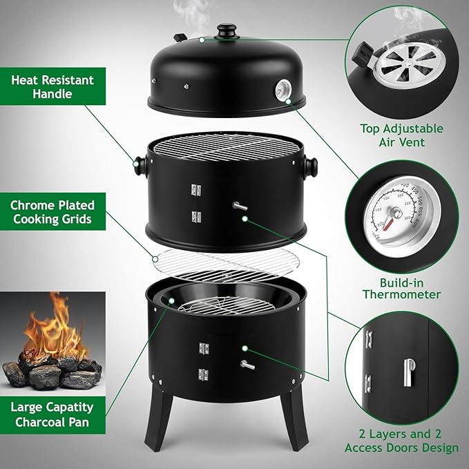 ROVSUN 18 Inch Multi-Layer Charcoal BBQ Smoker Grill Heavy Duty Round Grill Vertical Smoker with Thermometer for Outdoor Cooking Patio Parties Backyard