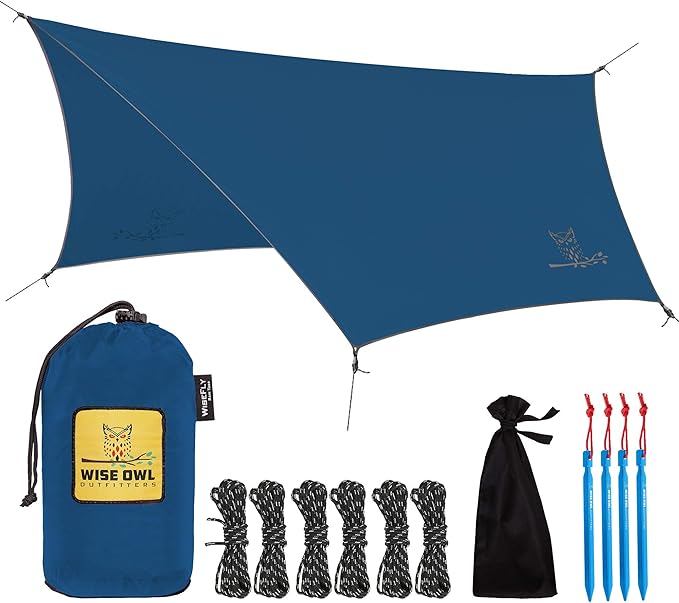 Wise Owl Outfitters Hammock Rain Fly – Waterproof Camping Tarp Cover with Tent Stakes &amp Carry Bag Ultralight Shelter for Backpacking &amp Outdoor Shade