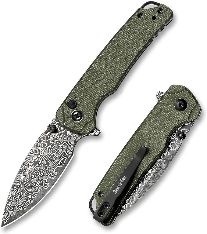 Folding Pocket Knife 2.99 Damascus Blade Micarta Handle Sharp Cool Small EDC Pocket Knives with Clip for Men Women Camping Hiking Survival Outdoor Mini 3080MG (Green)