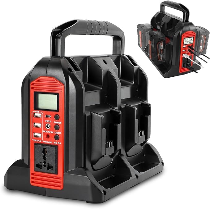DC 18V to AC 120V Power Inverter Compatible with Milwaukee M18 18V Battery 350W Pure Sine Wave Portable Power Inverter Converter with LCD Display and LED Light 4 Battery Port