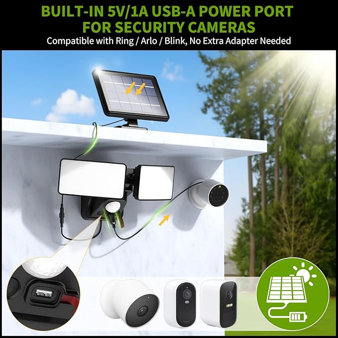 Solar Security Light with USB Power for Cams Detachable Solar Panel &amp 15ft Cord 6500K Motion Activated Outdoor Floodlight IP65 Waterproof for Yard Garage Porch